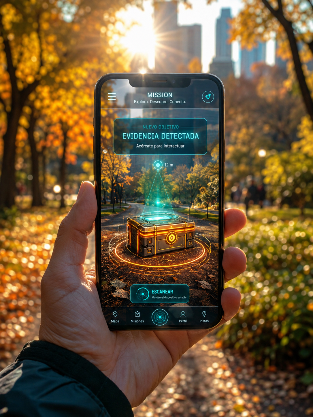 The MISSION app showing a piece of evidence detected 12 metres away in a park